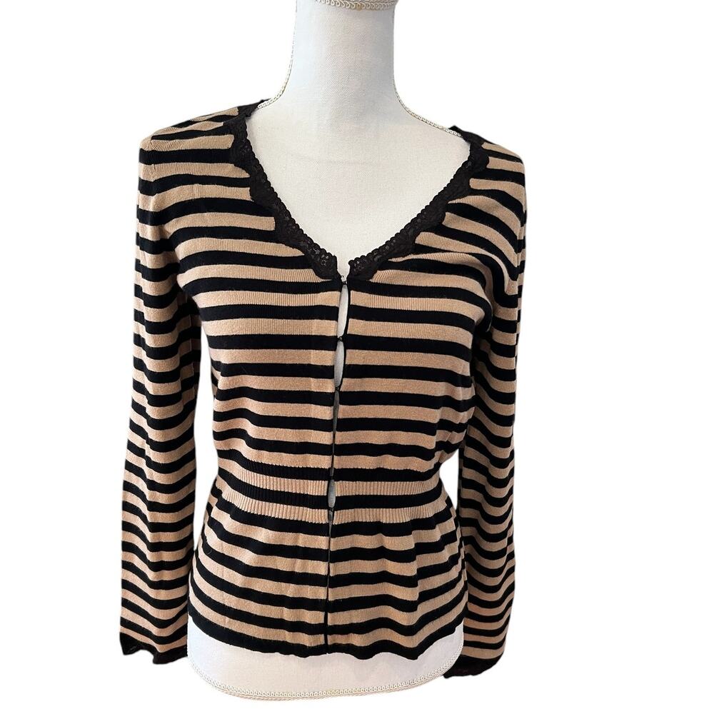 INC International Concepts Striped Cardigan Sweater Black Tan M